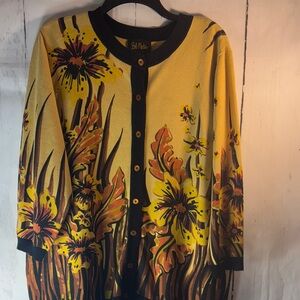 Bob Mackie (L) Yellow and Black Floral Cardigan